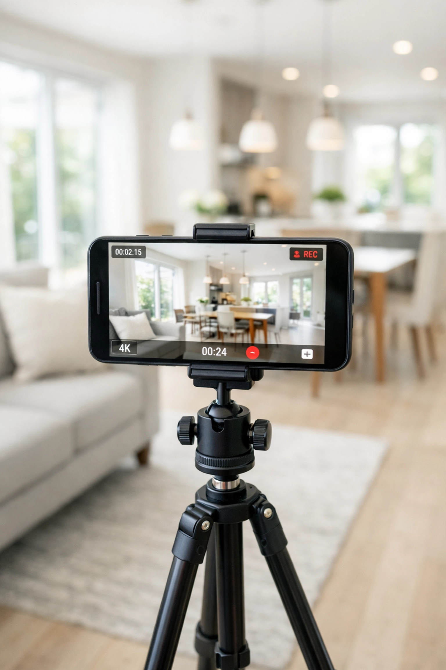 Smartphone on a tripod capturing a professional real estate video using small marketing automation tools.
