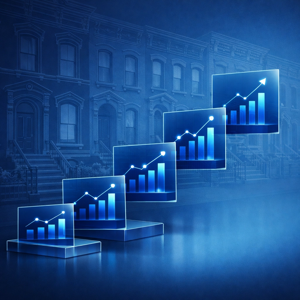 Financial charts over Brooklyn Heights brownstones representing expert condo management services.