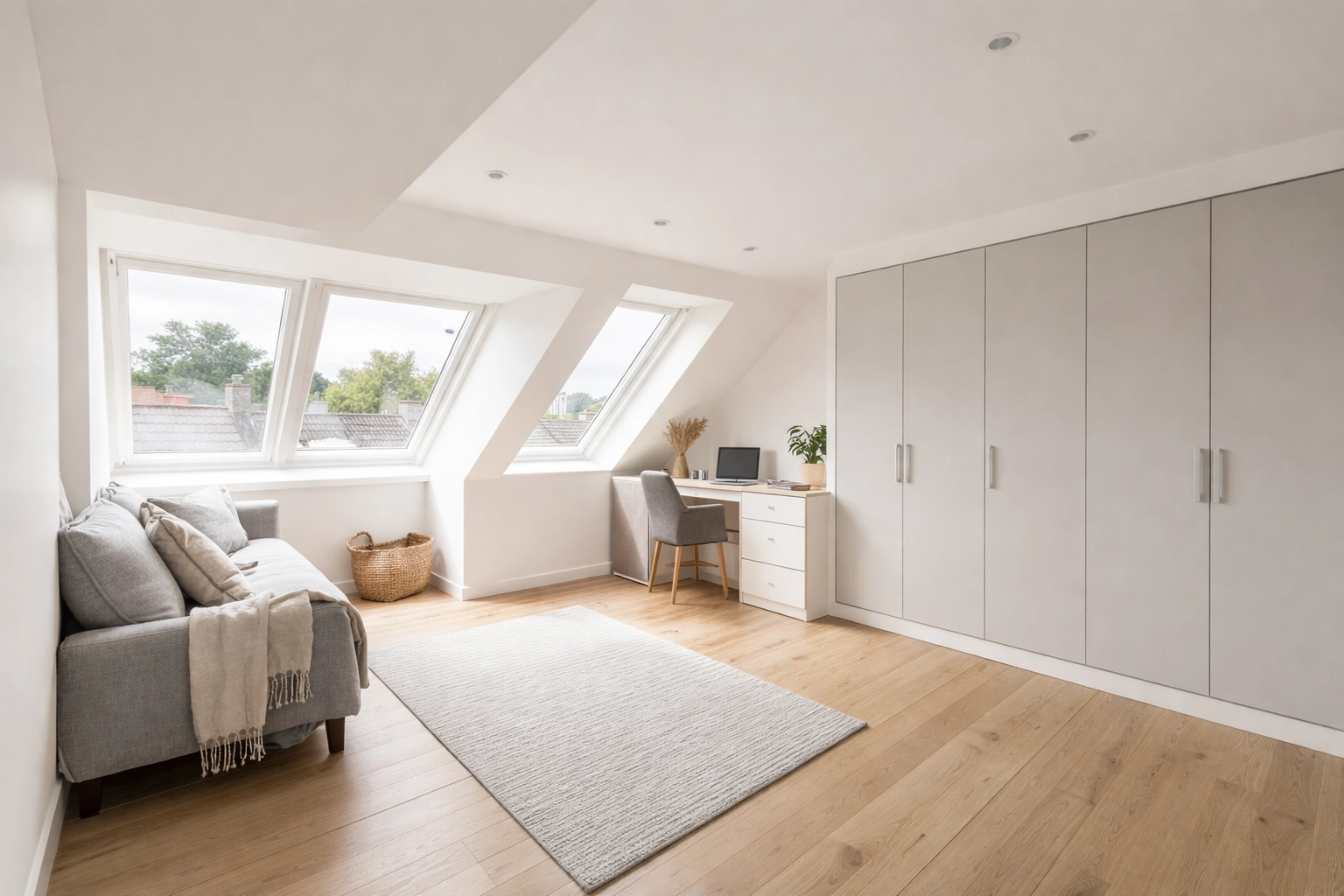 Completed dormer loft conversion in Loughton home with natural light and home office space