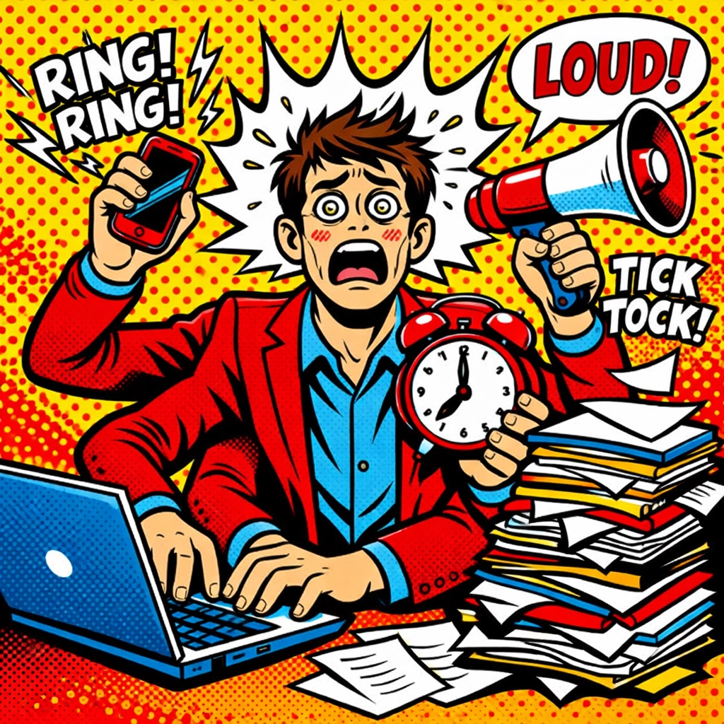 Frantic solopreneur juggling manual tasks before using AI business automation tools.