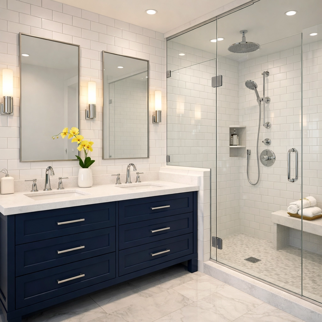 A pristine luxury bathroom with clean tile grout after professional deep cleaning in Marblehead.