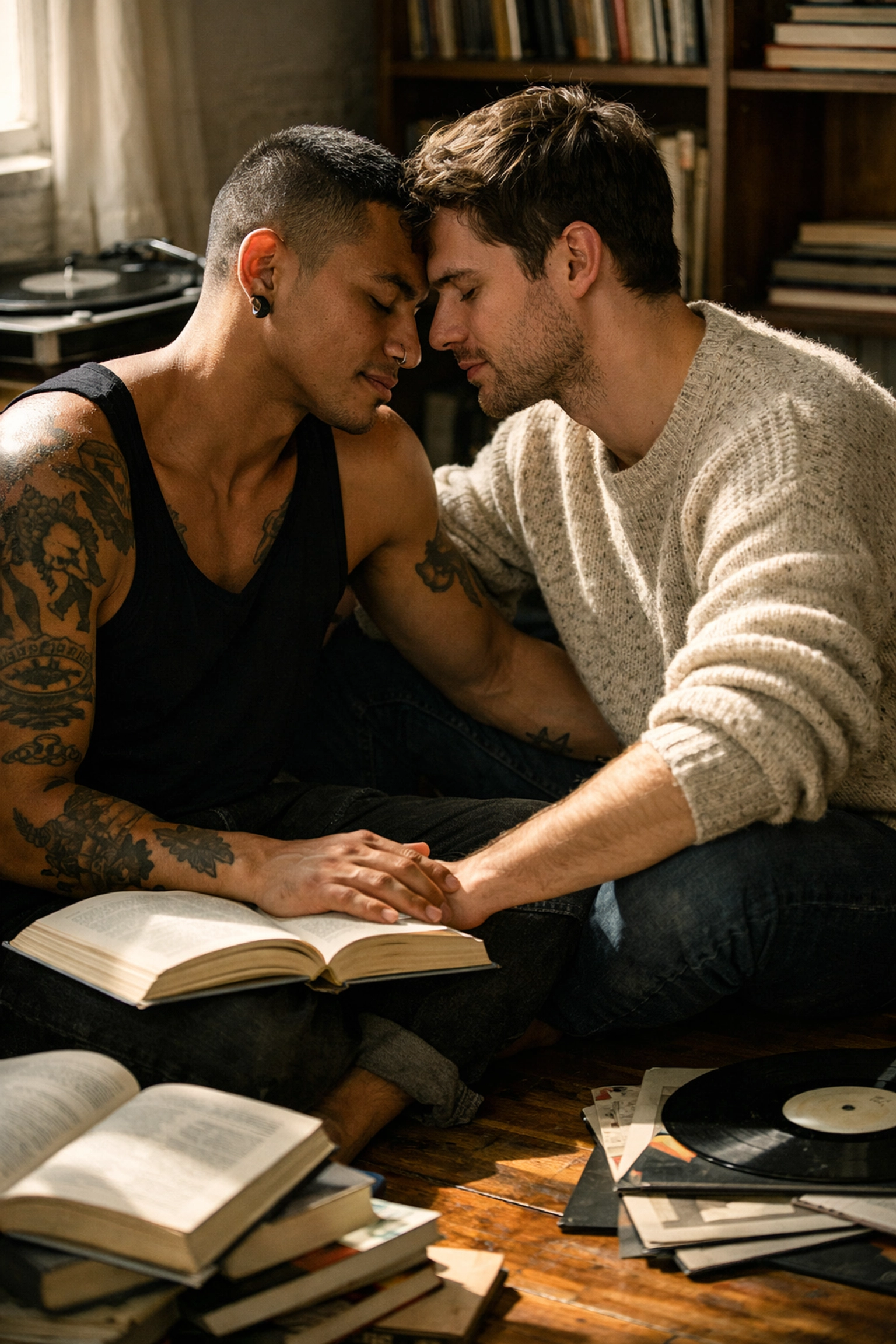 Two men sharing an intellectual moment among books, representing authentic queer philosophy in MM romance.