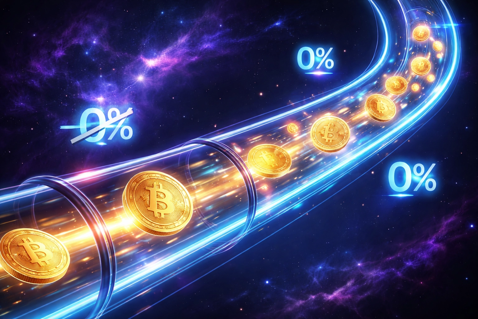Digital crypto coins moving seamlessly through a space-themed pipeline, representing low-fee metaverse payments and fee savings with Larecoin.