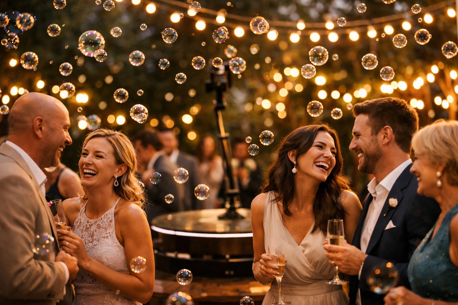 Wedding guests enjoying a 360 photo booth rental and bubbles at an outdoor reception.