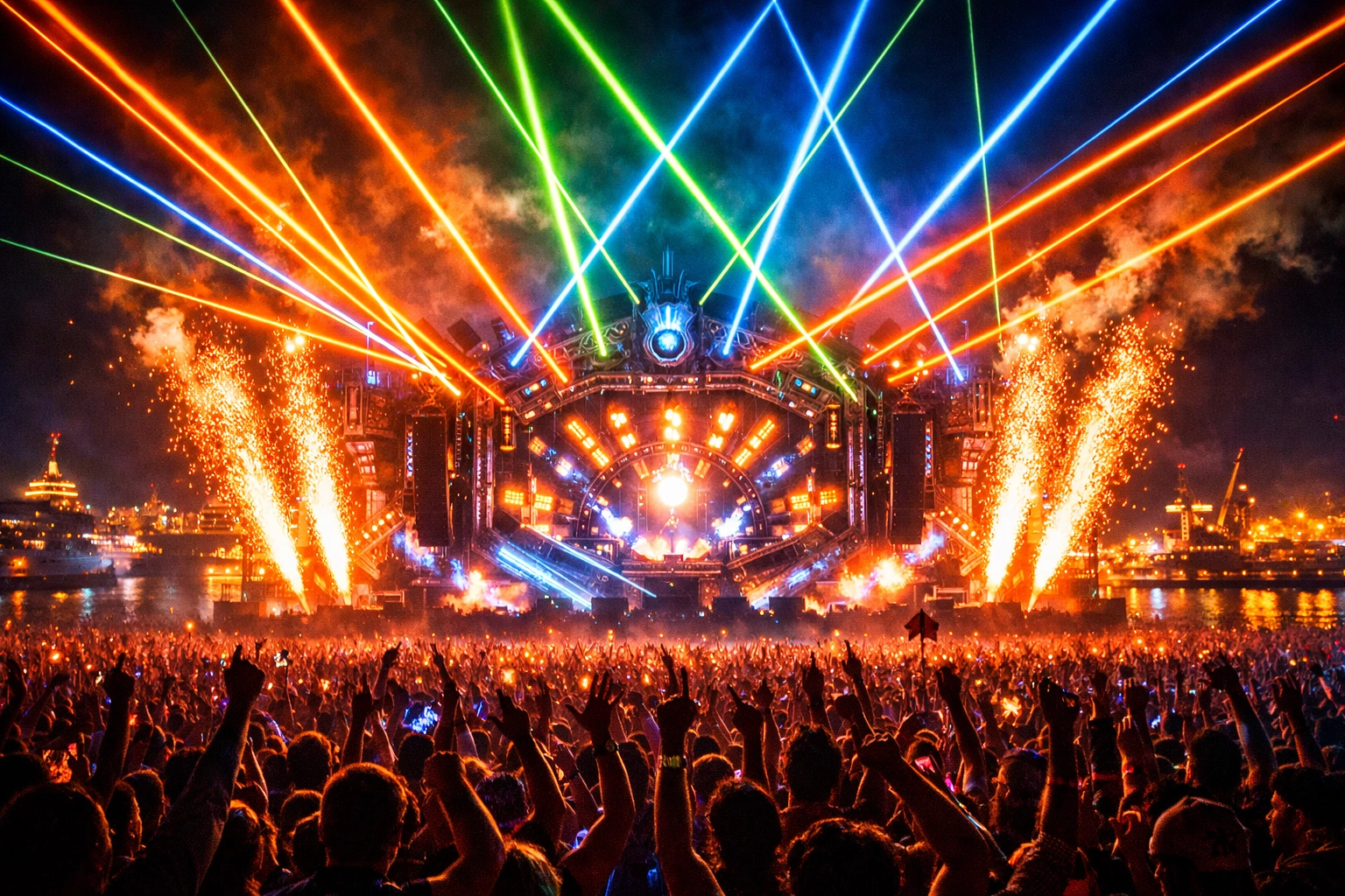 Large outdoor EDM music festival with lasers and fireworks at Ultra Australia.