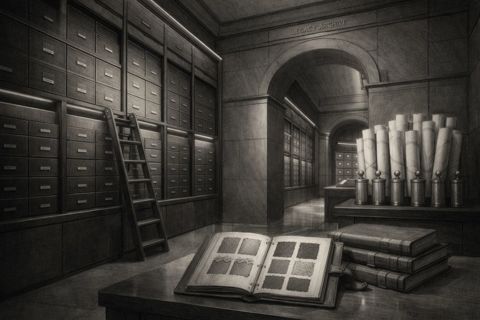 Legacy Archive room preserving bespoke suit patterns, fabric swatches, and menswear documentation