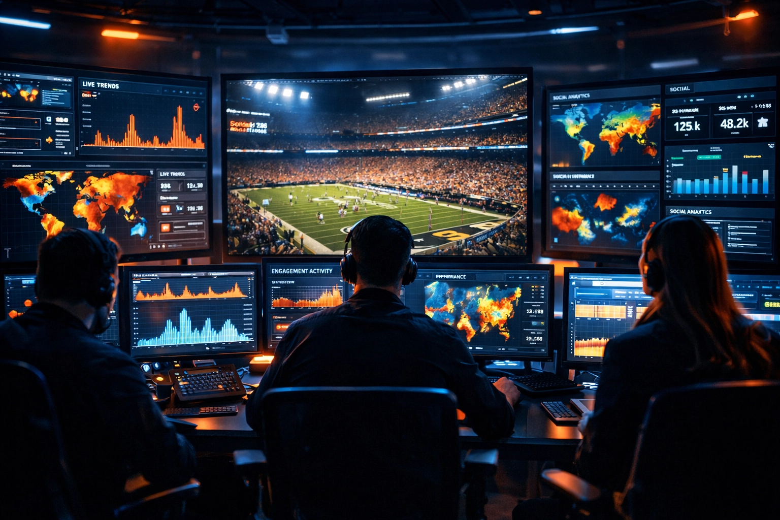 Digital marketing command center tracking real-time Super Bowl 2026 data analytics for Sports Media Inc.