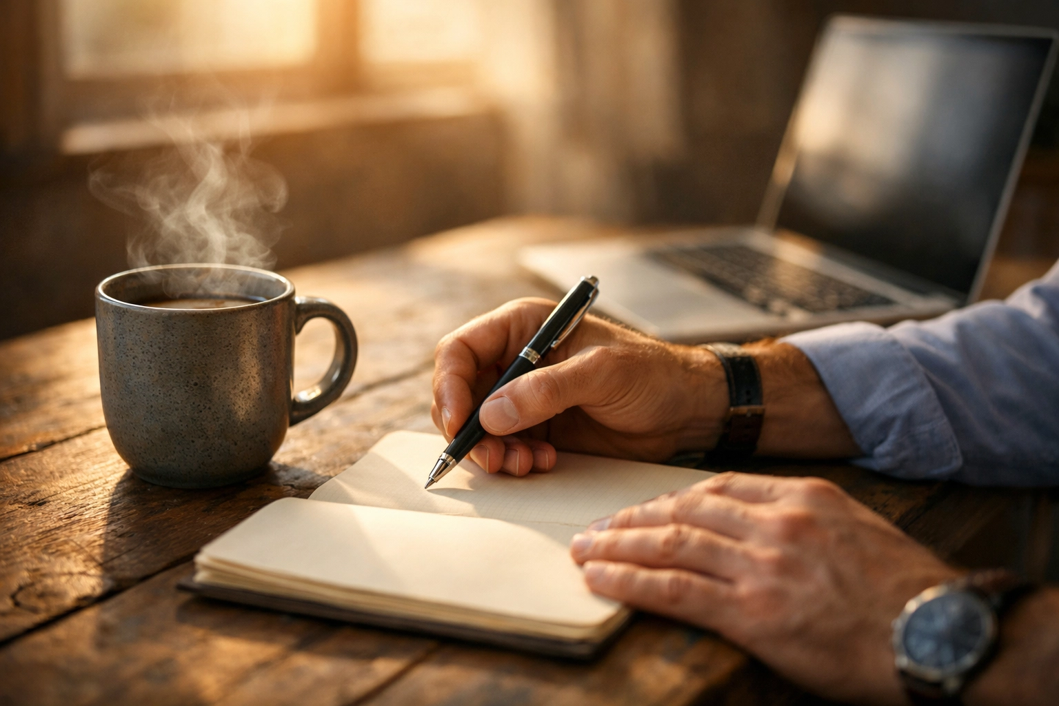 CEO Dan Kost writing a daily letter on civic values at a sunlit desk with a cup of coffee.