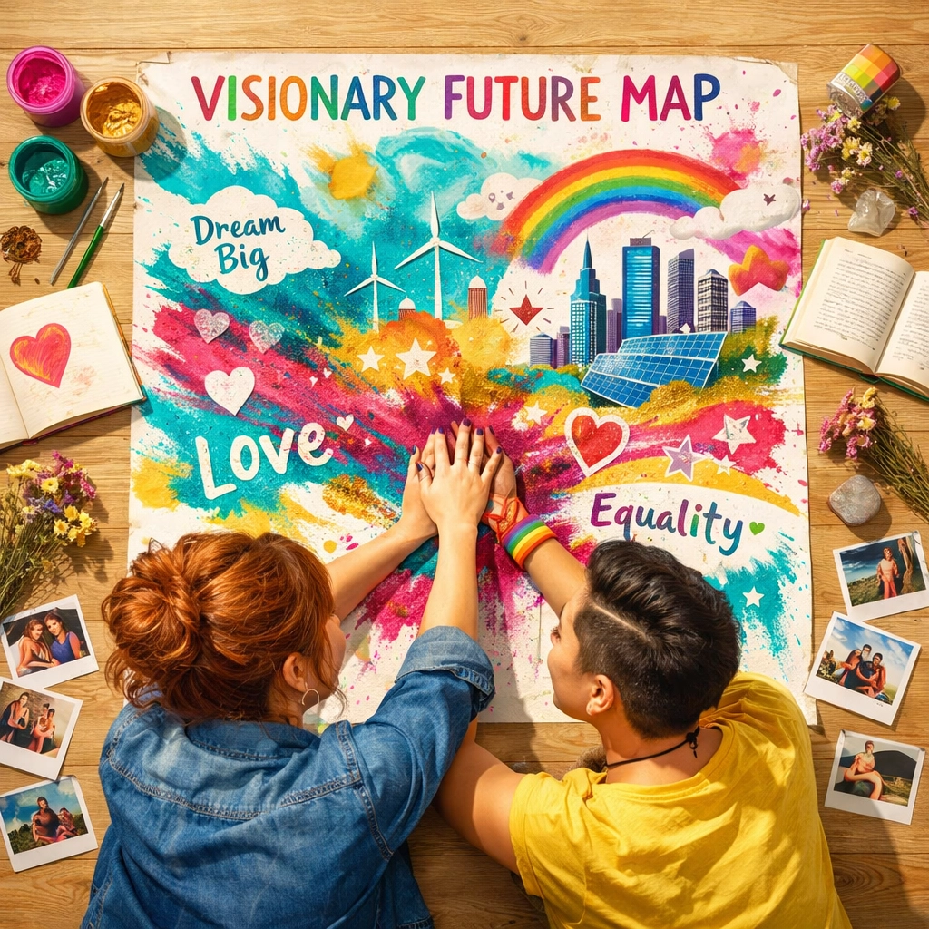 A queer couple creating a colorful visionary map to visualize future joy and LGBTQ+ community resilience.