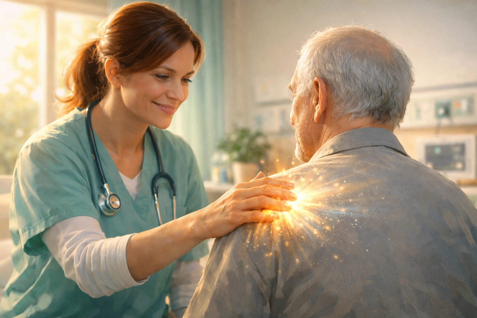 A caregiver offering support to a patient, symbolizing the supernatural strength of God in daily service.