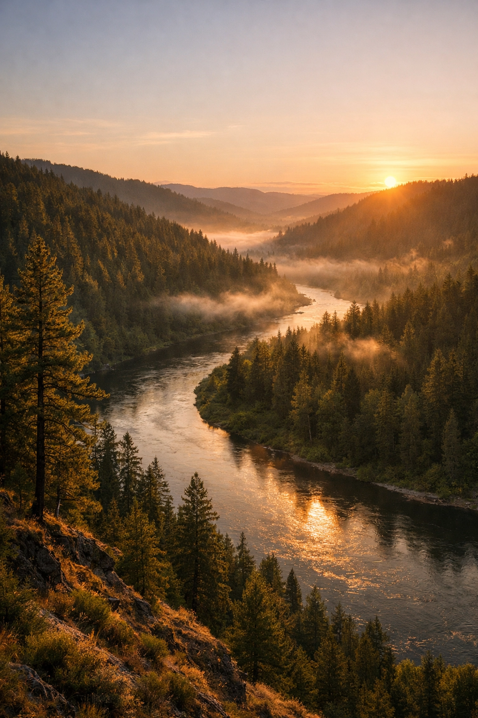 Landscape photography of a misty river valley at golden hour emphasizing natural lighting techniques.