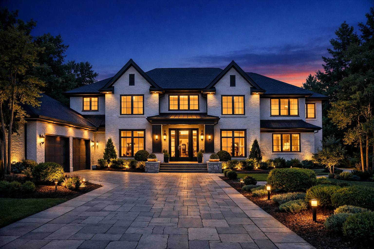 Luxury white brick house exterior at blue hour showcasing high-end curb appeal for real estate marketing.