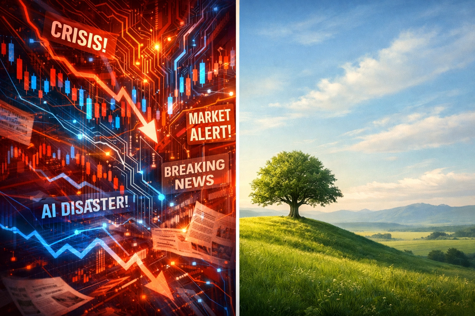 Contrasting chaos of news headlines with peaceful biblical perspective and calm clarity