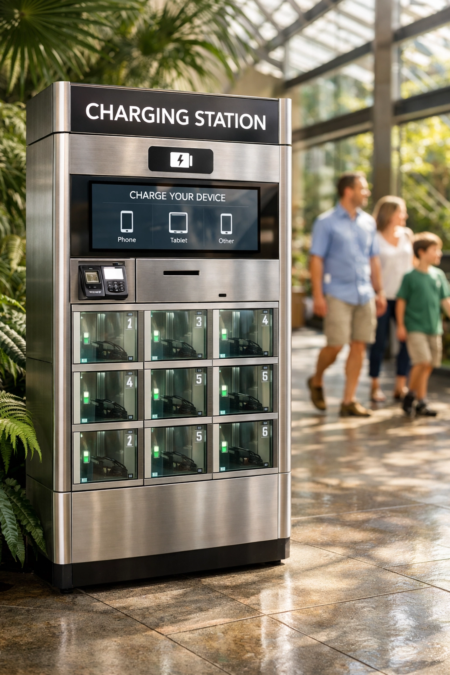 Modern mobile charging kiosk in a sun-drenched zoo pavilion, offering high-impact sponsorship utility for visitors.