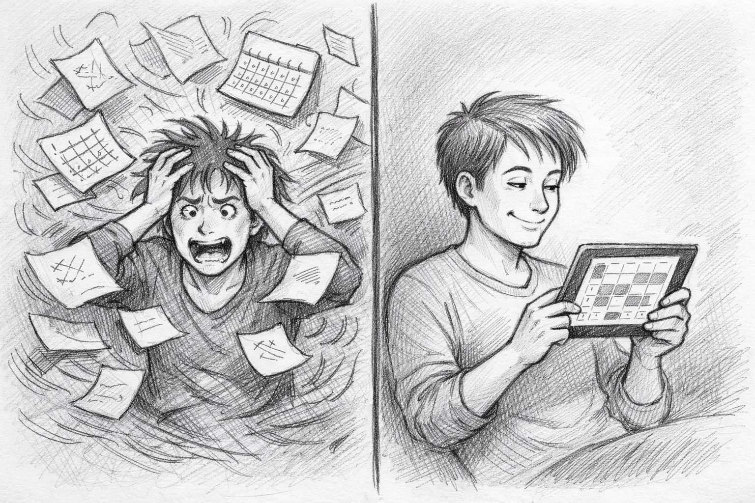 Manual paper calendar chaos versus organized digital booking system on tablet