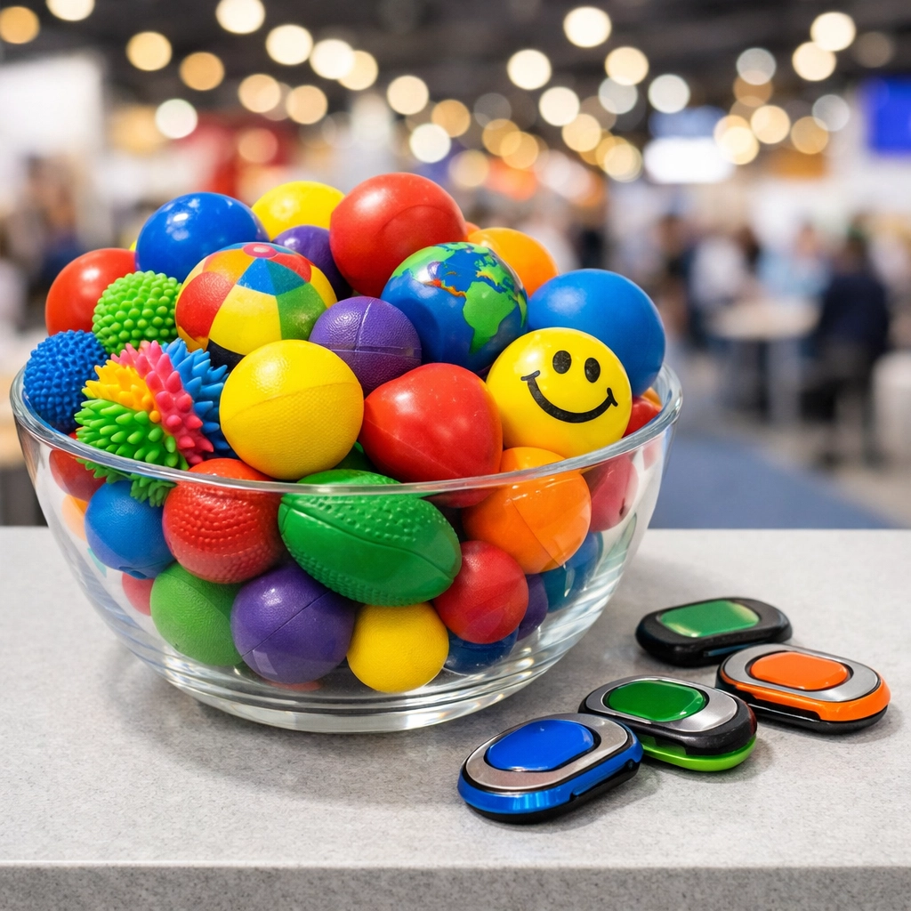 Branded office stress balls and fidget toys displayed in a bowl for trade show attendees.