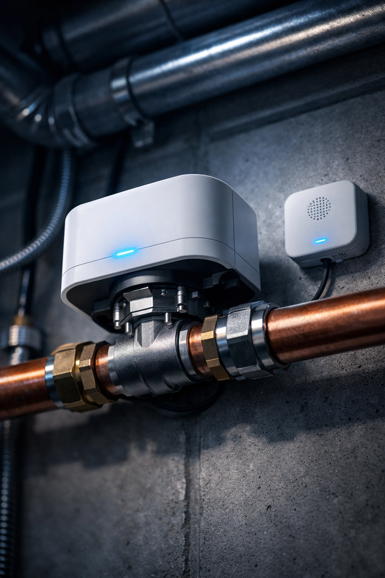 Modern automatic water shut-off valve installed on copper pipe in a building utility room