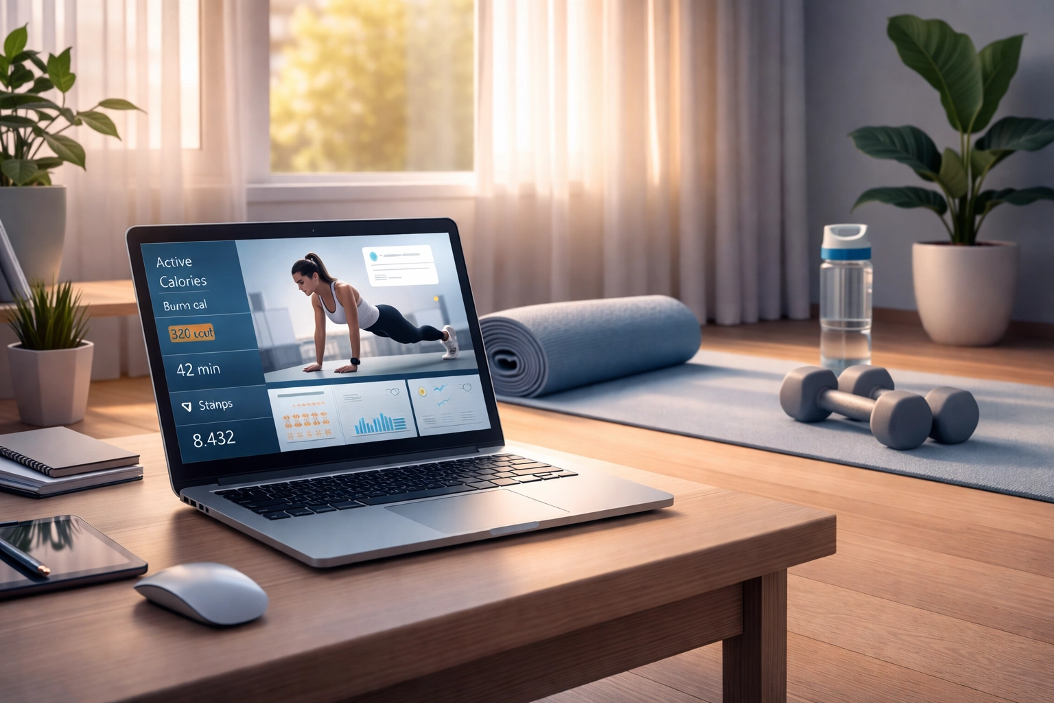 Modern home office with fitness equipment and a laptop showing an online personal training app, representing the mainstream shift to online personal trainers.