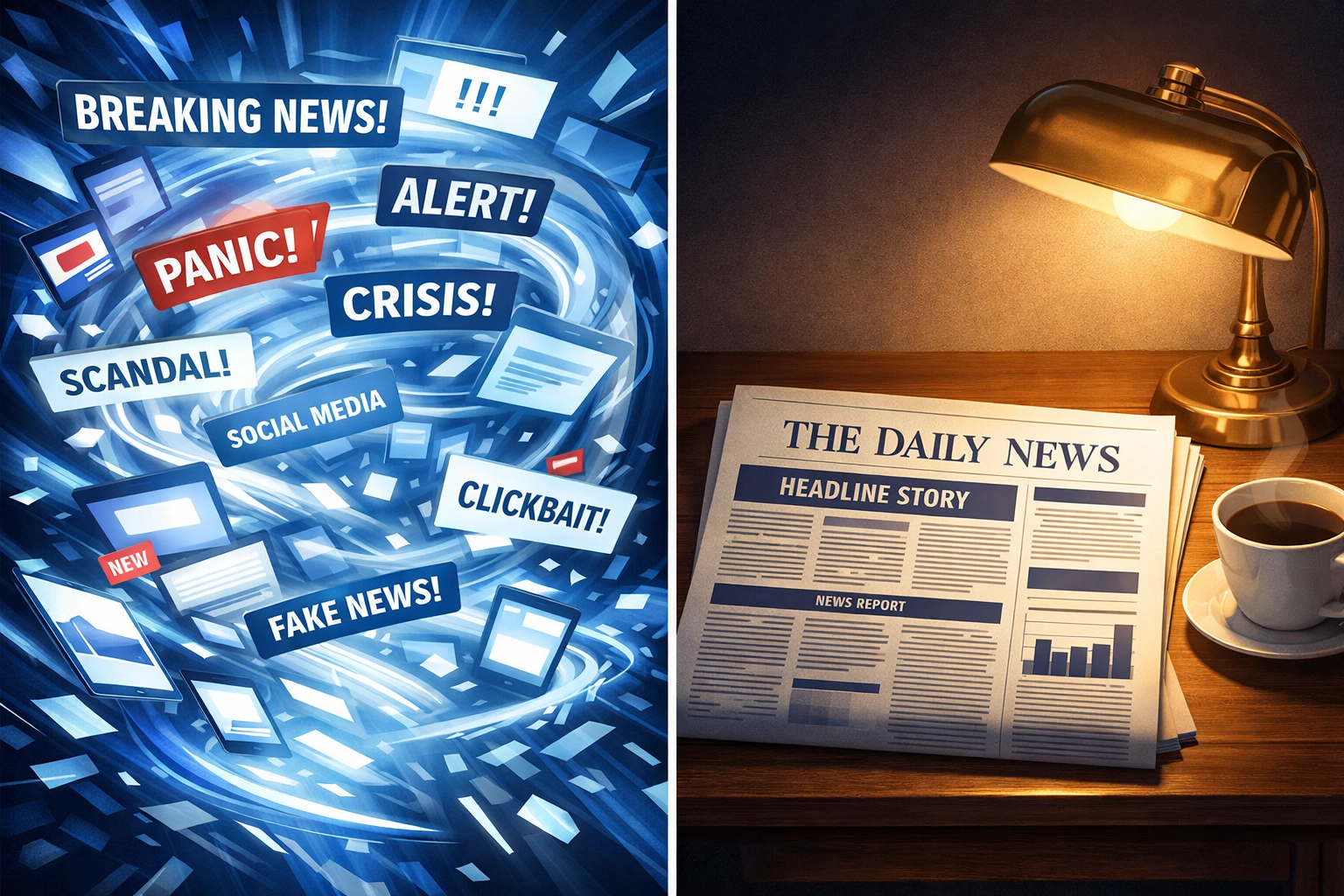 Comparison of chaotic news headlines versus calm organized news brief format