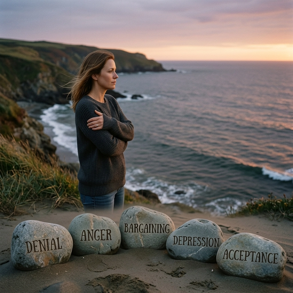woman in a sweater and jeans standing looking out over ocean. rocks listing the 5 stages of the grieving process are at the bottom of the image.