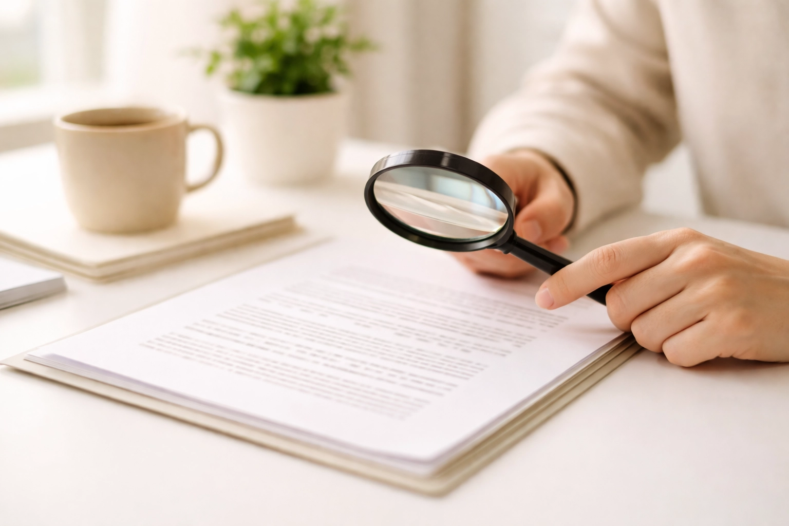 Hands holding magnifying glass over a document represent examining AD&D and life insurance fine print for hidden details.