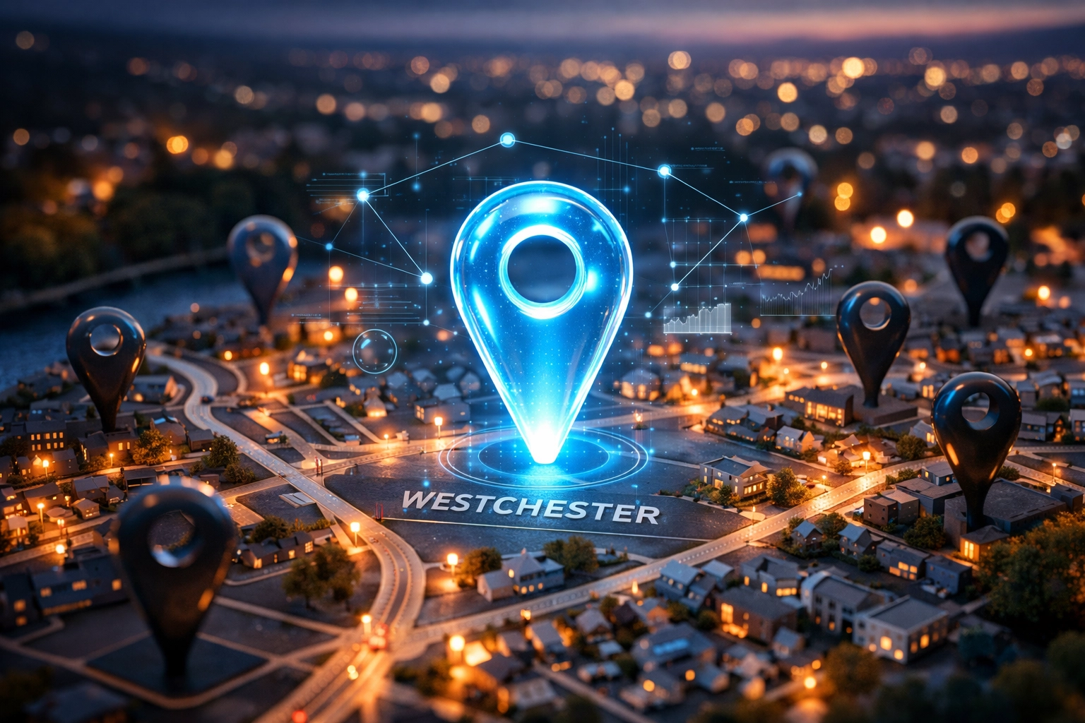 Digital map of Westchester with a highlighted pin representing optimized local SEO services.