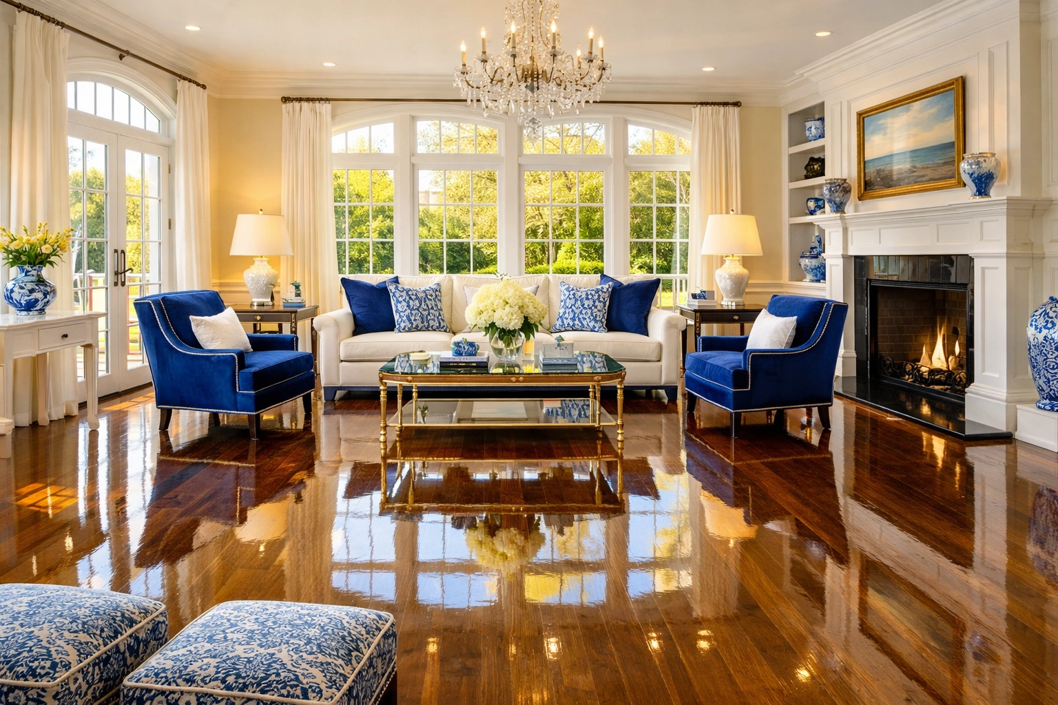 A pristine Massachusetts living room with polished floors after expert house cleaning services near me.