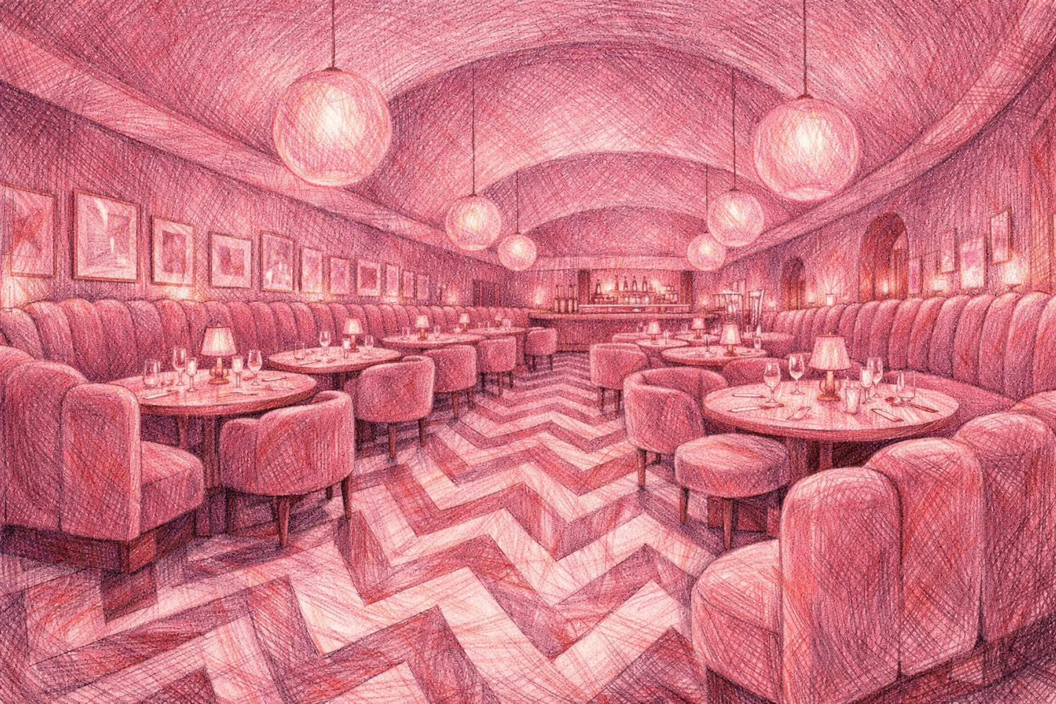 Signature pink boutique hotel restaurant design with scalloped velvet booths and marble floors.