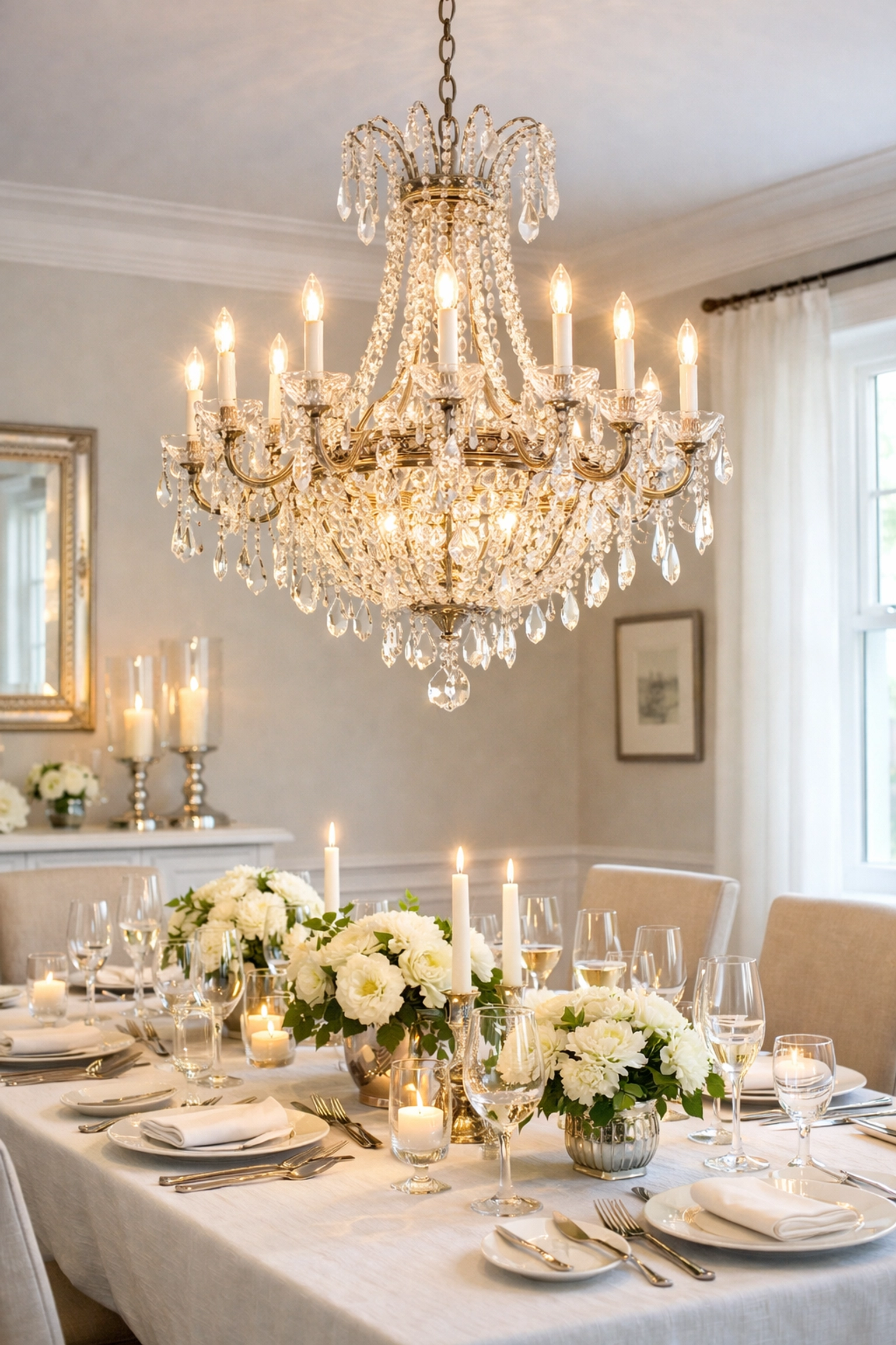 Restored crystal chandelier glowing over a dining room table set for a formal dinner party after professional care.