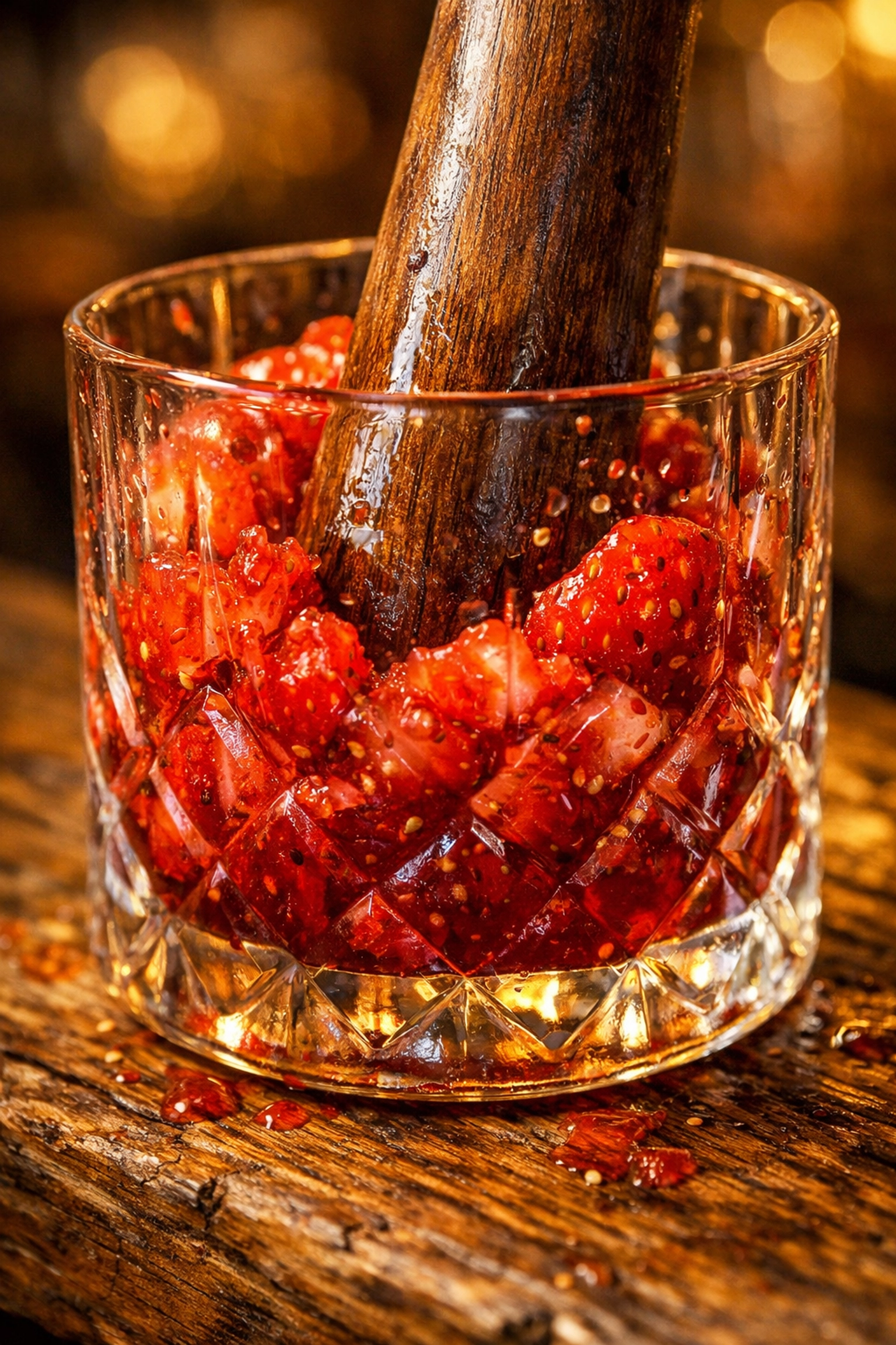 Muddling fresh Louisiana strawberries in a glass to make a balanced 86 proof strawberry whiskey drink.