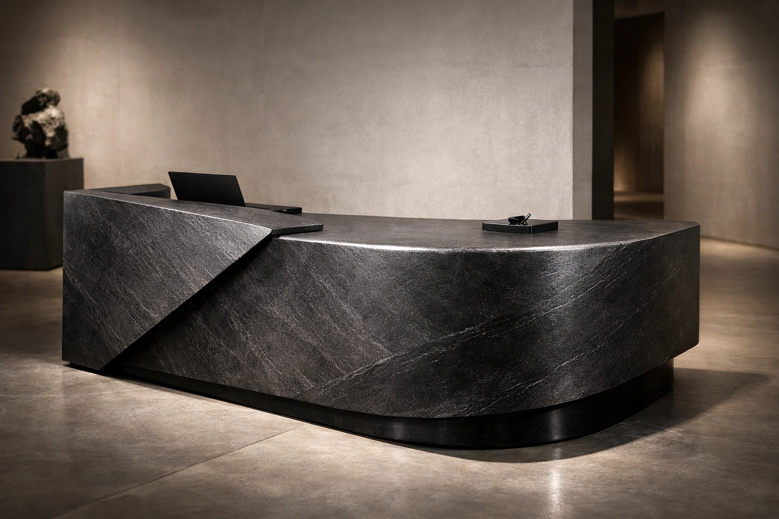 Bespoke charcoal furniture wrapped in ECO-FLEXI MCM brand of Flexible Natural Stone by Angkop Corp.