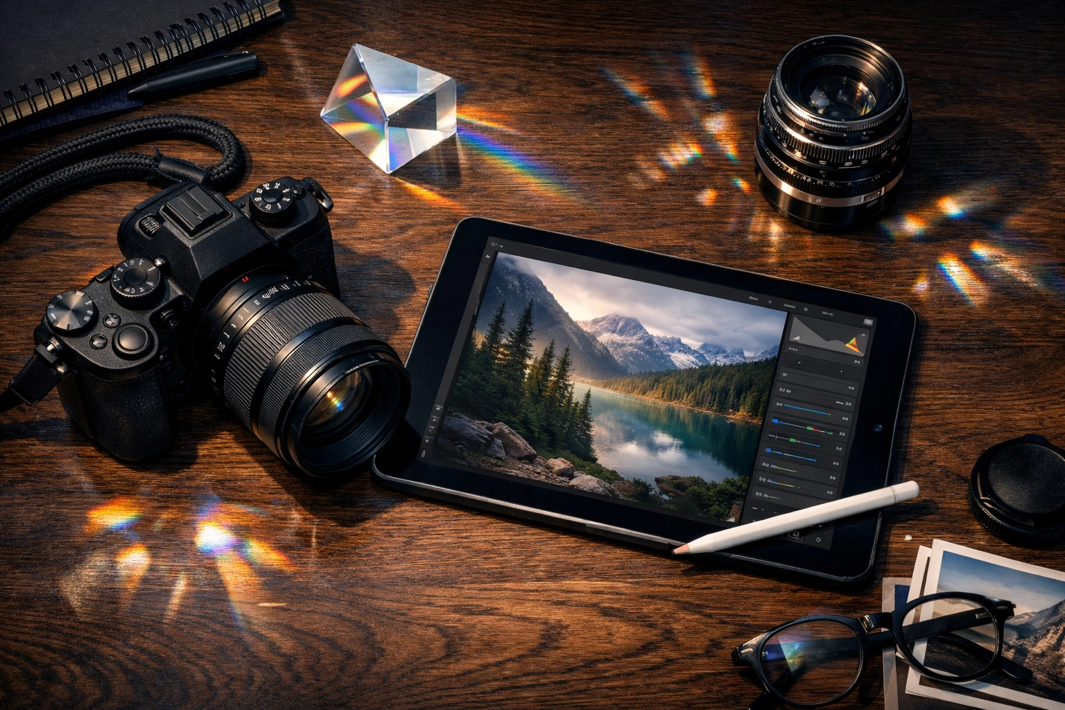 Mirrorless camera and editing gear on a desk, highlighting how photography news matters for modern creative workflows.