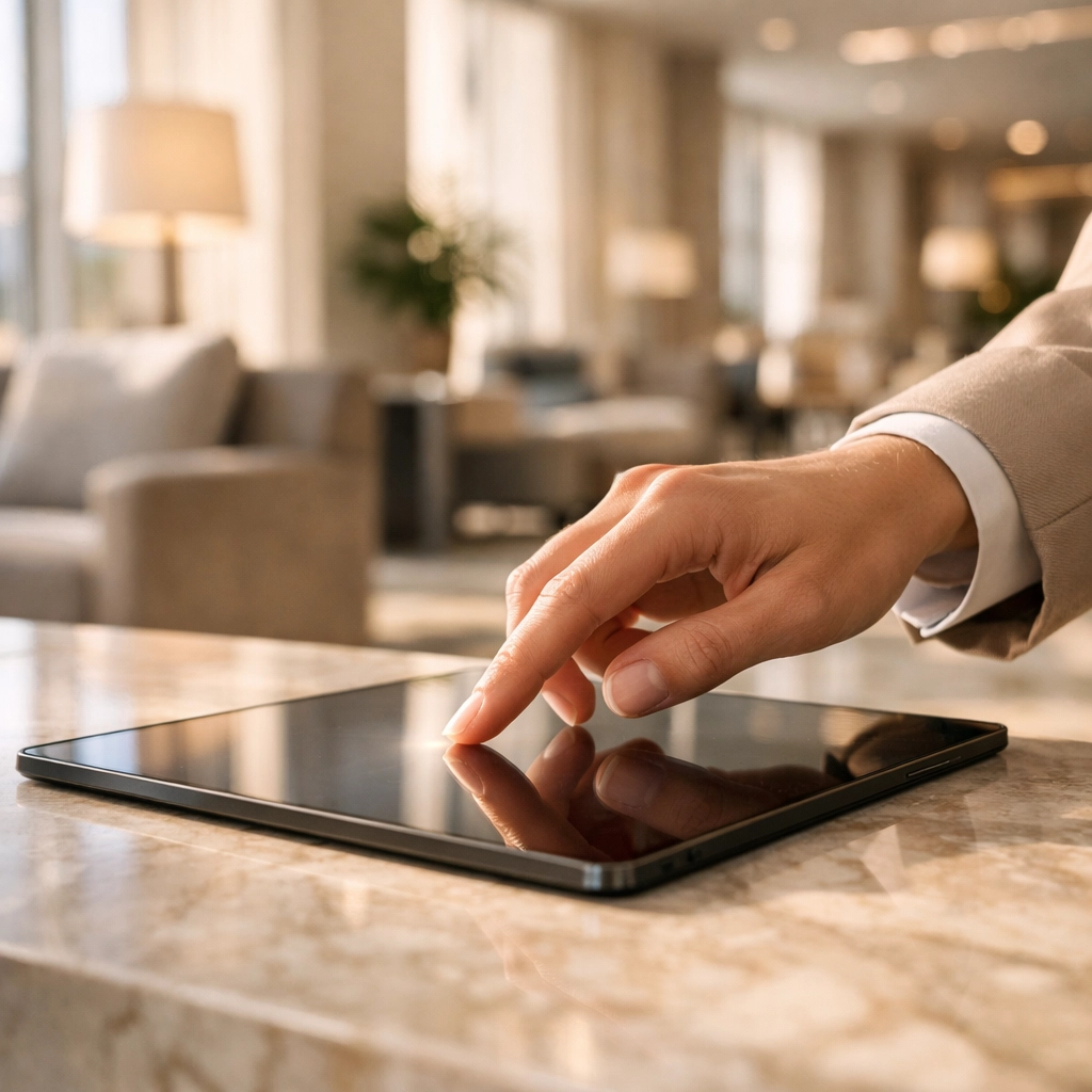 Guest using a minimalist tablet to complete a fast 3-step hotel booking process.