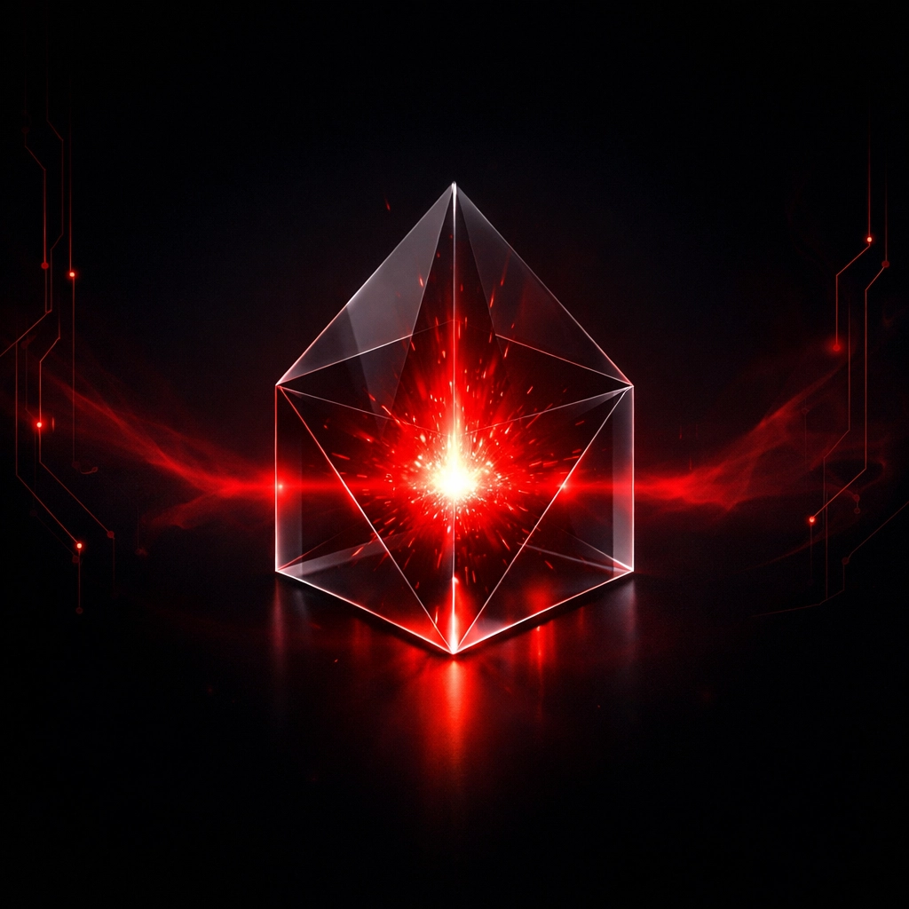 Glowing red light inside a geometric prism representing the human touch in AI content creation.