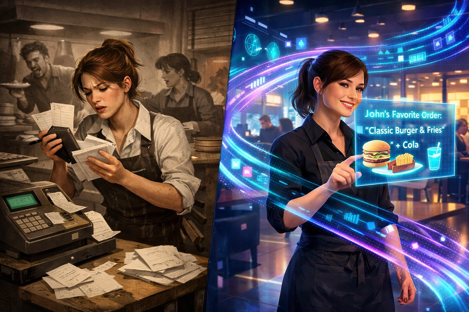 Traditional restaurant operations versus modern AI-driven predictive ordering technology