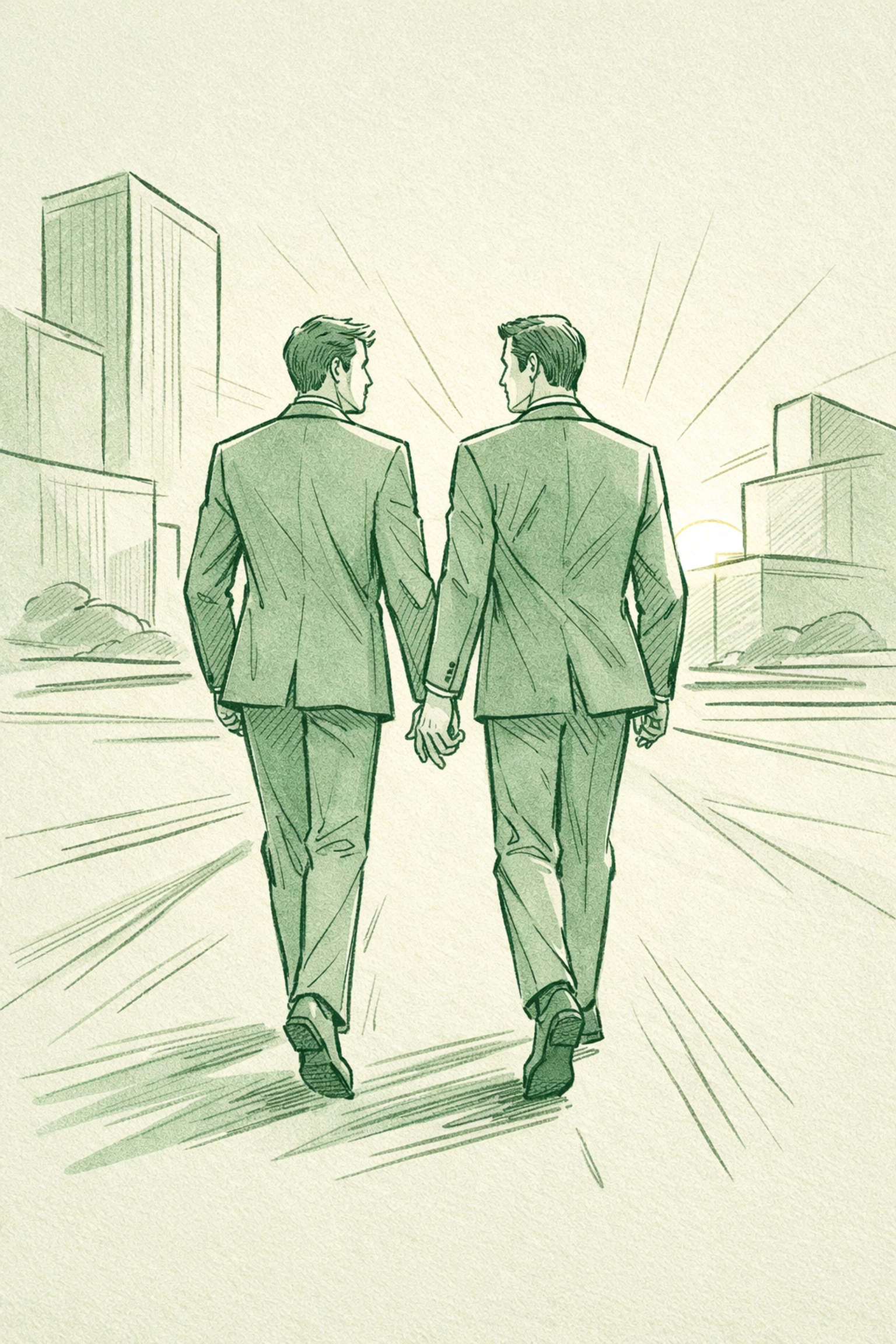 Gay couple walking together in city, professional men moving forward after coming out