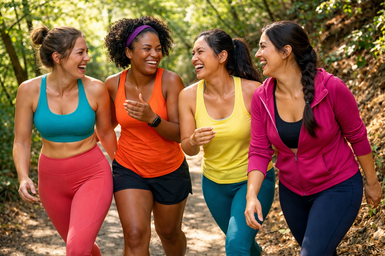 Women in a community walking group laughing and exercising together on a scenic nature trail.