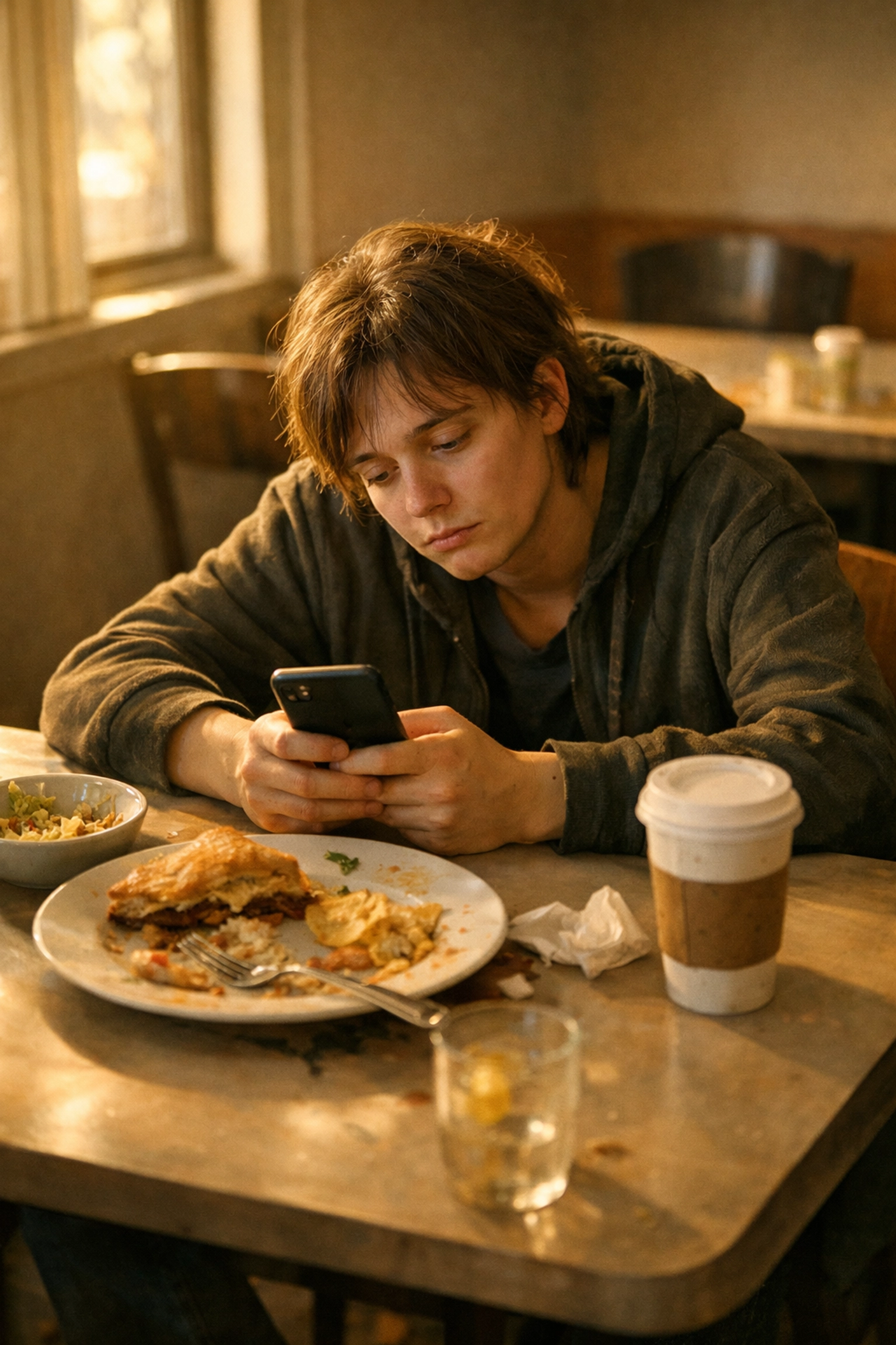 Person doomscrolling on phone during lunch break looking exhausted and disconnected