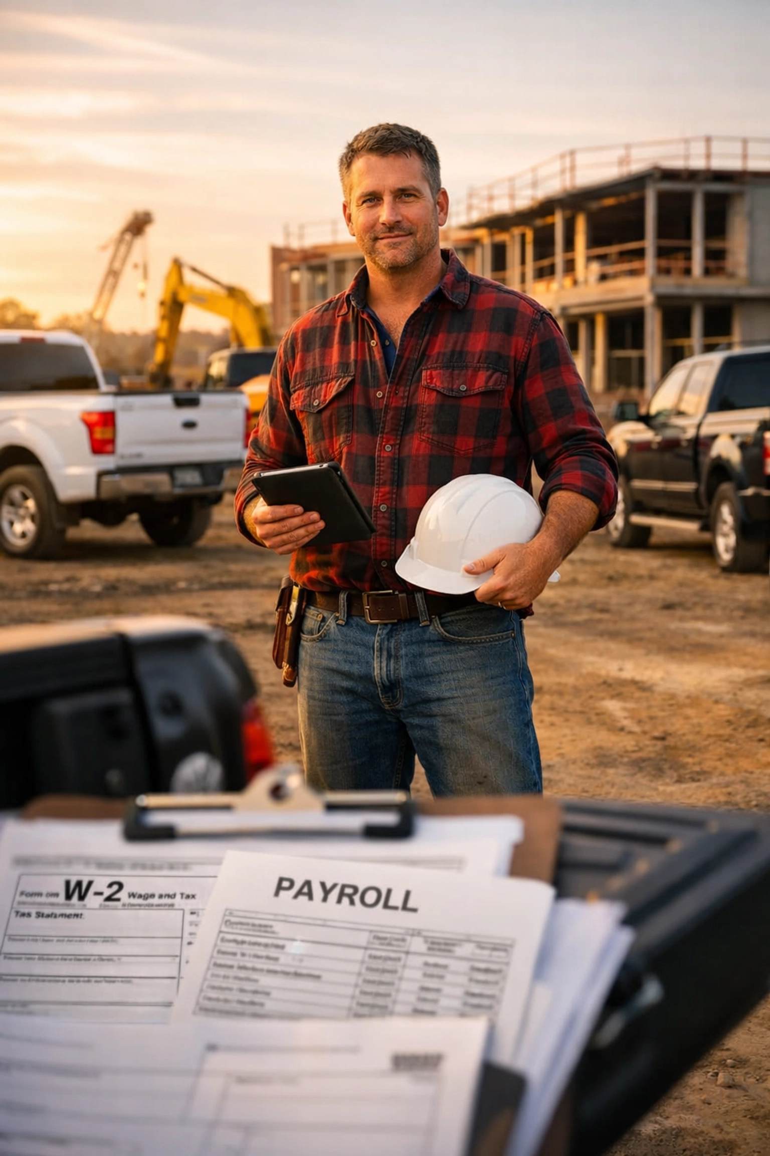 Construction company owner reviewing reasonable salary and payroll documents for S-Corp setup