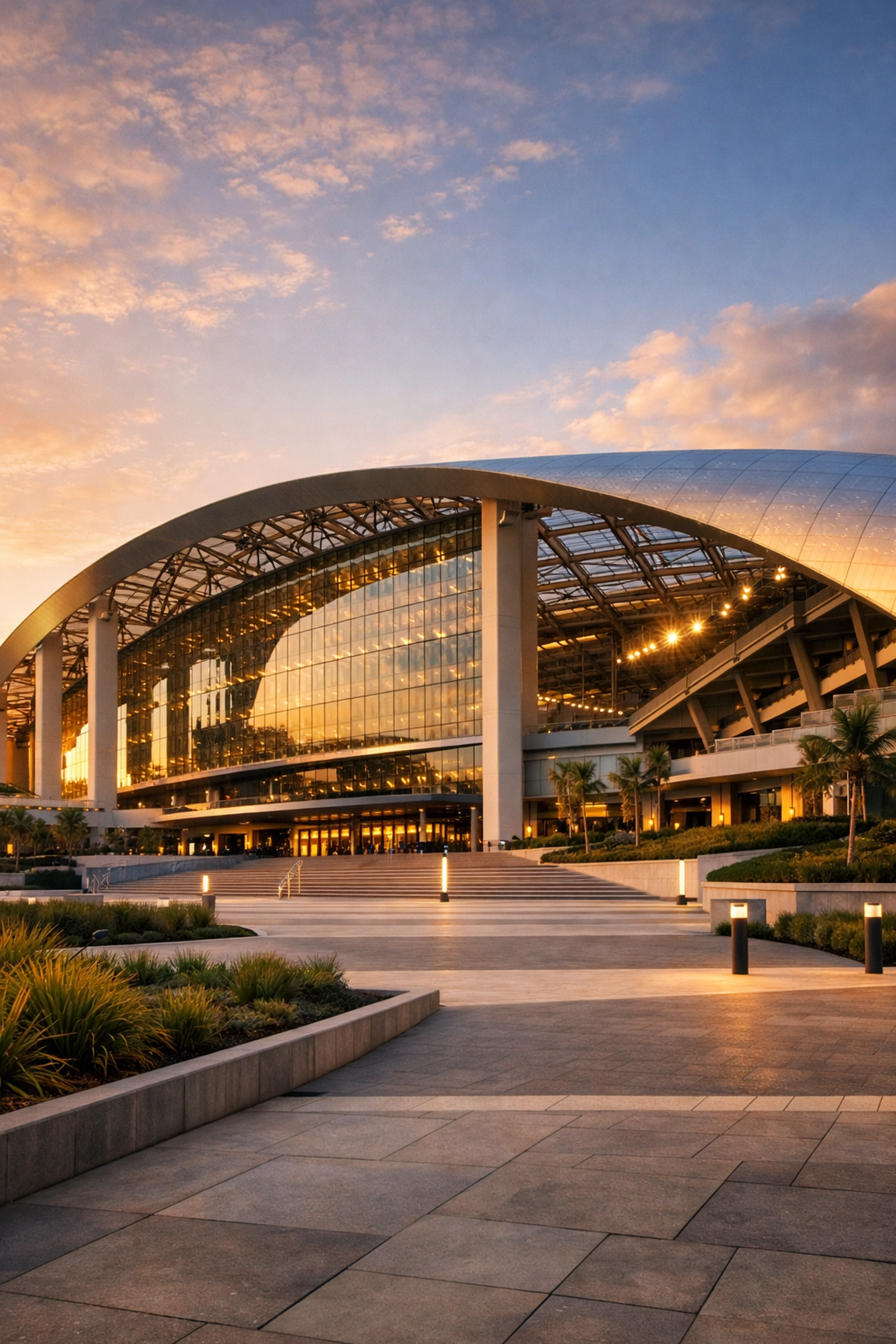 Modern sports stadium and entertainment complex showcasing Dakdan Worldwide’s global marketing reach.