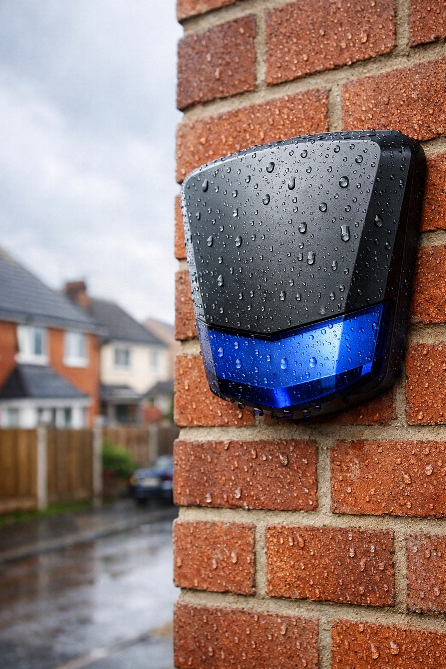 Professional intruder alarm installation in Newport showing a durable external siren box on a brick house.