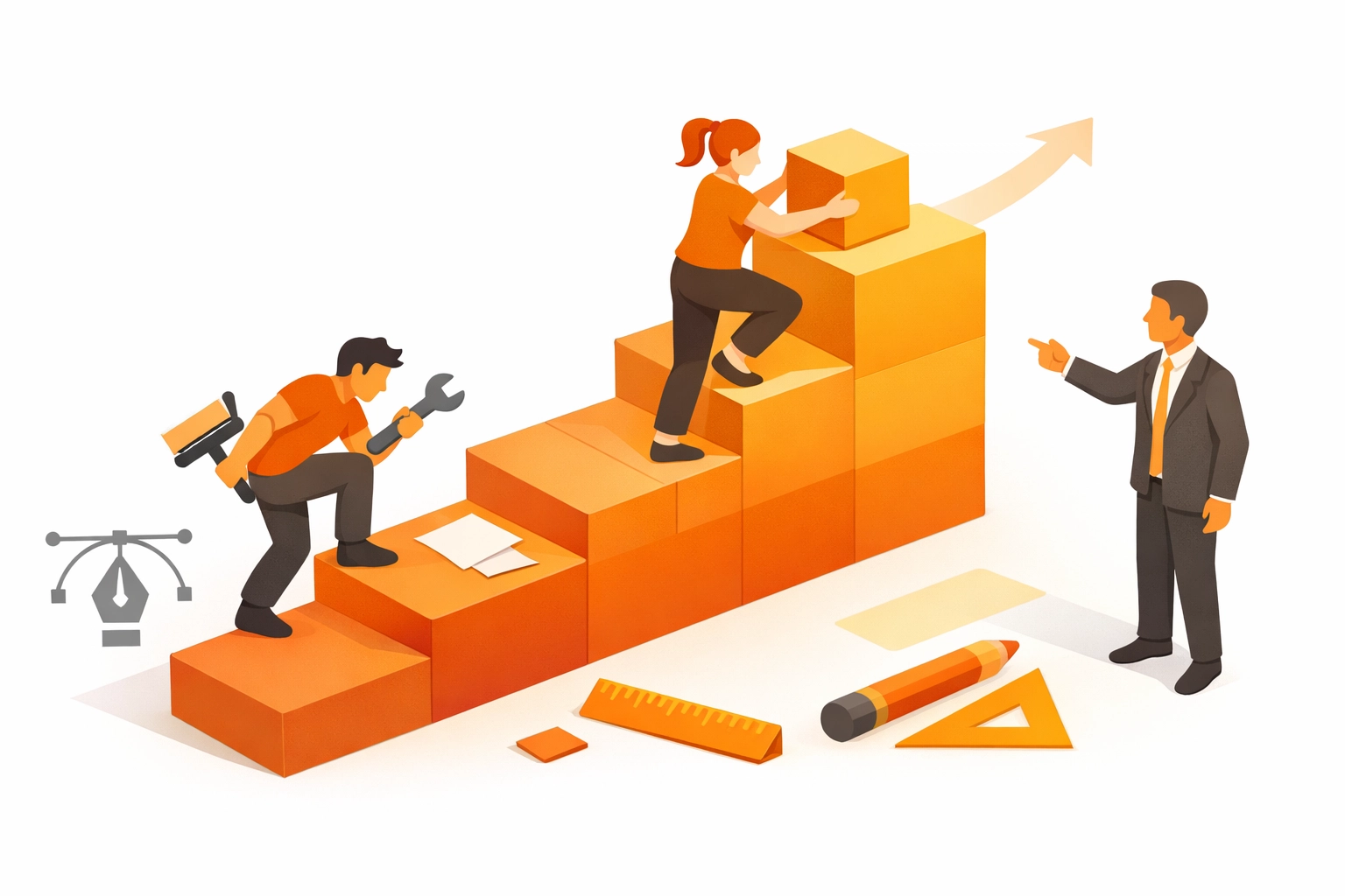 A creative team building a modular skills ladder representing talent upgrades for business expansion.