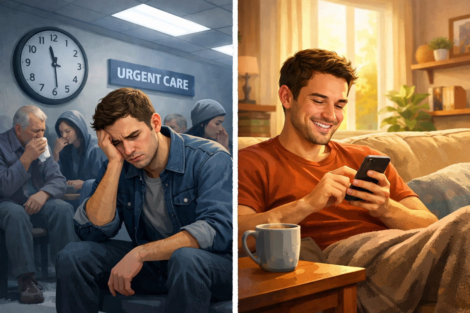 Urgent care waiting room versus online doctor consultation from home