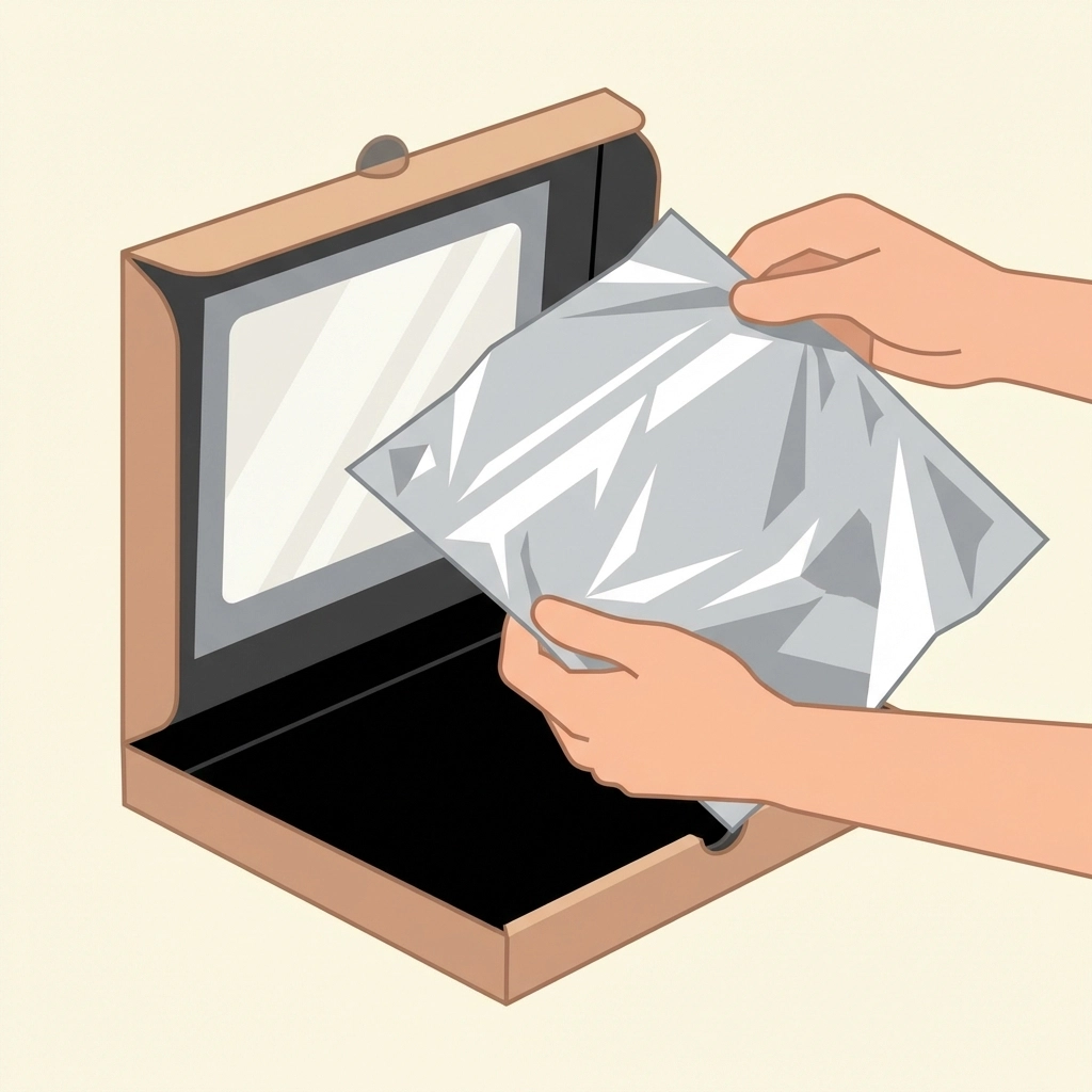 Hands lining a pizza box solar oven flap with aluminum foil to reflect sunlight into the oven