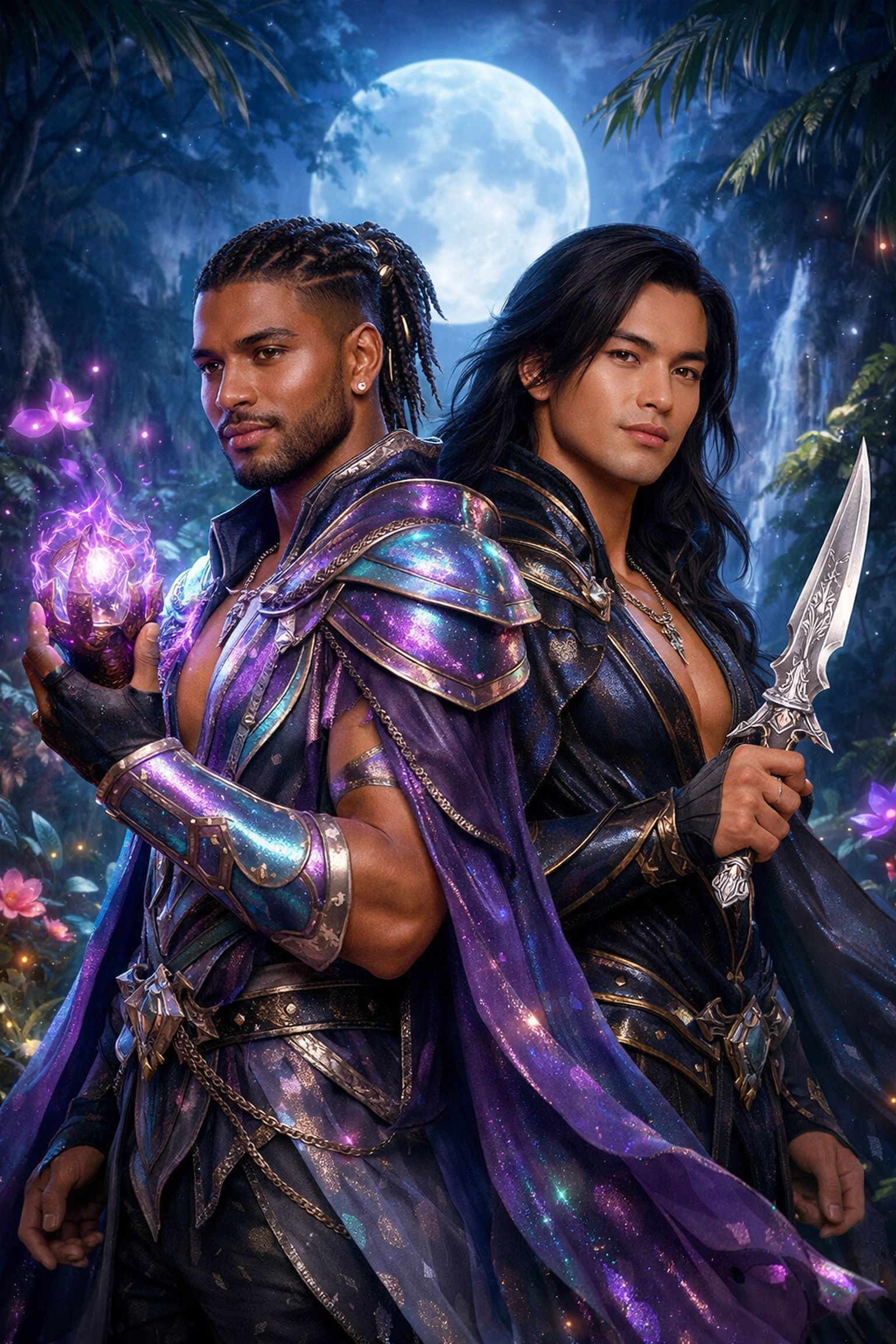 Two BIPOC queer heroes in a magical fantasy setting, representing diverse 2026 mm romance books.