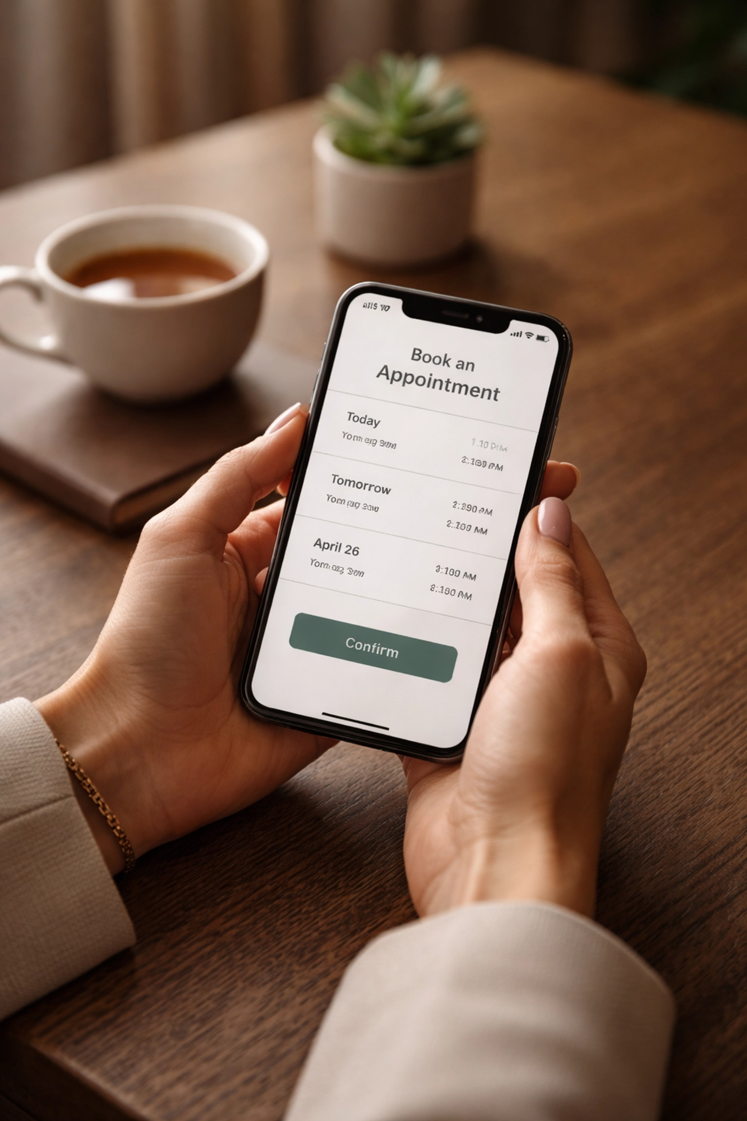 Female Brisbane counsellor using a mobile booking system in a calm, professional therapy office.