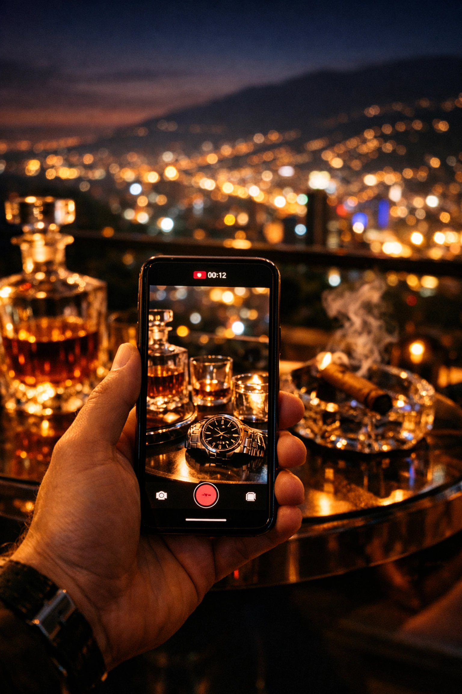 Filming luxury items at a Medellin rooftop bar for Instagram, showing digital security risks.
