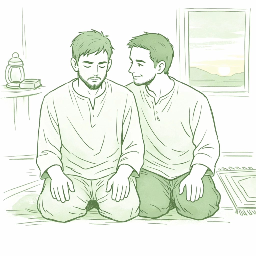 Gay men kneeling side by side in prayer showing faith and partnership together