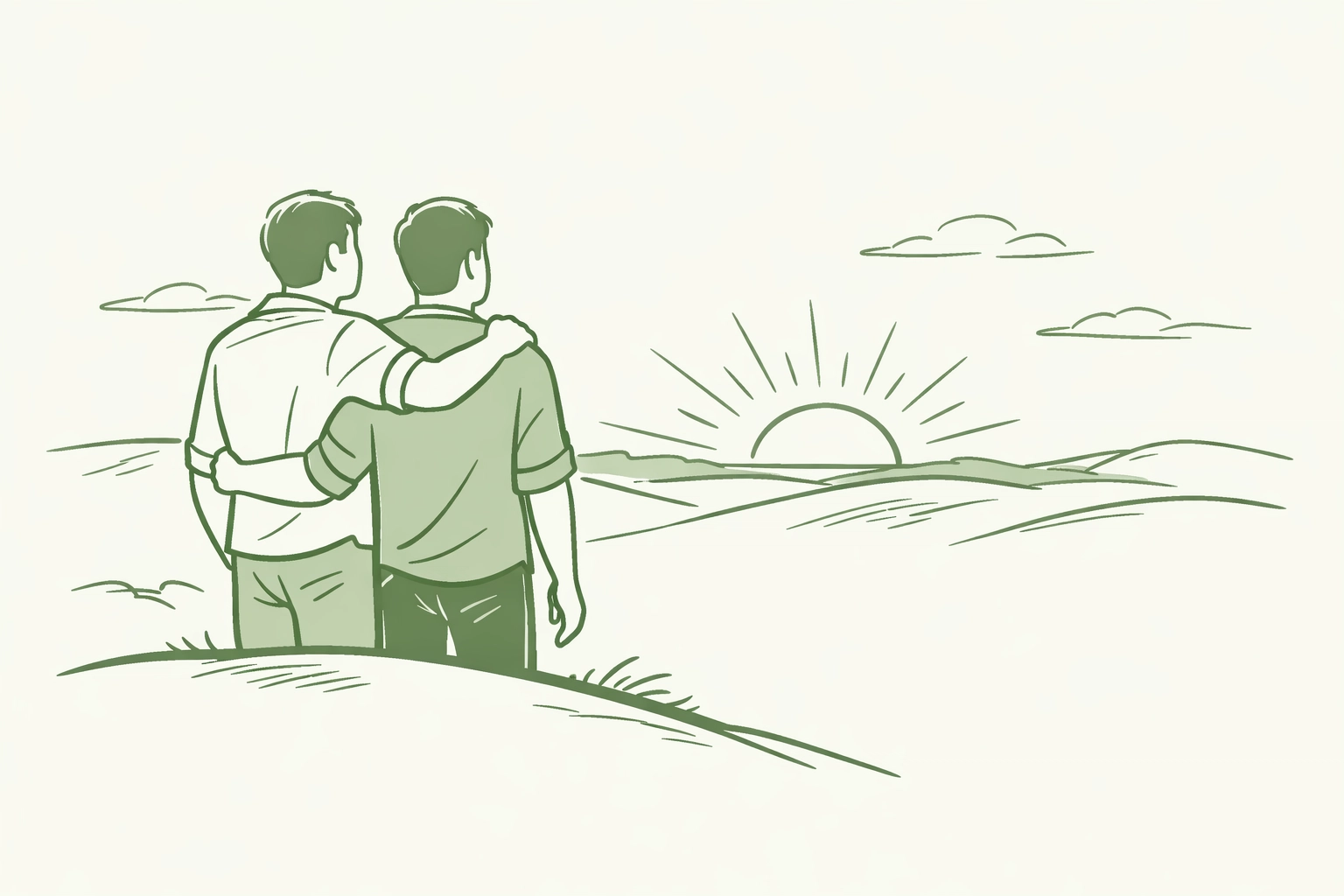 Two gay men standing in solidarity facing hopeful sunrise after LGBTQ+ persecution