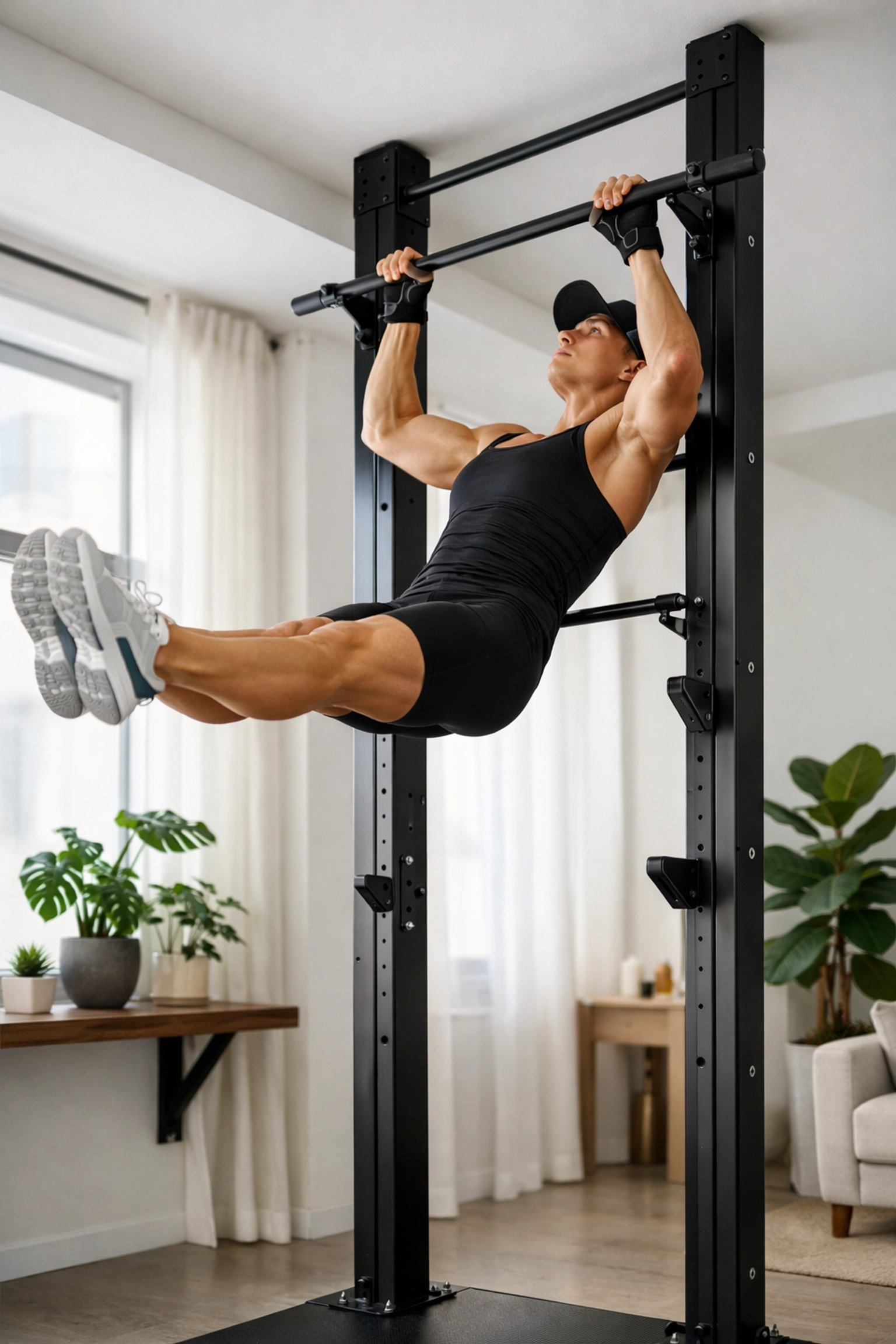 Pull-up exercise on floor-to-ceiling home gym equipment for complete bodyweight training